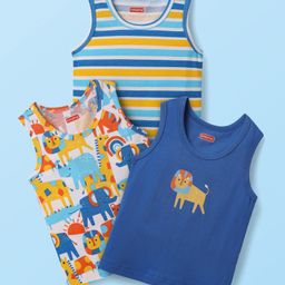 Babyhug 100% Cotton Sleeveless Animal Printed & Striped Sando Pack Of 3 -Orange Navy Blue & Yellow-picture-13