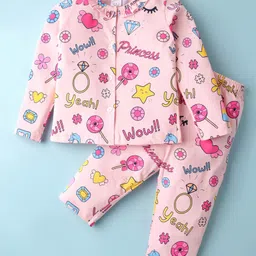 Smarty Girls Cotton Full Sleeves Night Suit with Text Print - Dark Pink-picture-26