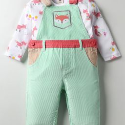 ToffyHouse Cotton Woven Corduroy Embroidered Dungaree with Full Sleeves Animal Fox Printed T-Shirt - White & Light Green-picture-38