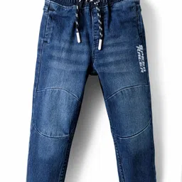 Babyhug Denim Full Length Washed Cut & Sew Jeans With Text embroidery & Stretch - Blue-picture-5