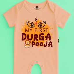 The Peppy Tend 100% Cotton Knit Durga Puja Theme Half Sleeves My First Durga Pooja Text Printed Romper - Peach-picture-36