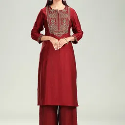 COTTON CULTURE Women Floral Yoke Design Regular Thread Work Pure Silk Kurta with Palazzos-picture-12