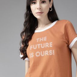 Roadster Women Rust Orange & White Typography Printed Pure Cotton T-shirt-image-84