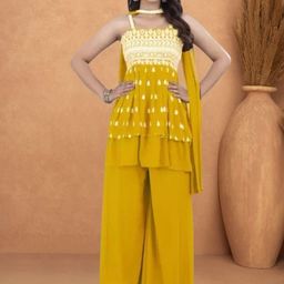 PARROT CREATION Embroidered Straight Sequinned Kurti With Sharara And Dupatta image 5