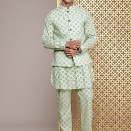 House of Pataudi Men Geometric Printed Jashn Pure Cotton Kurta with Trousers & Jacket-18