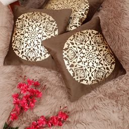 Myntra Elegant Homes Brown & Gold-Toned 3 Pieces Printed Velvet Square Cushion Covers-image-100