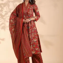 GULMEHAK Floral Printed V Neck Pure Cotton A-Line Kurta & Palazzos With Dupatta-picture-14