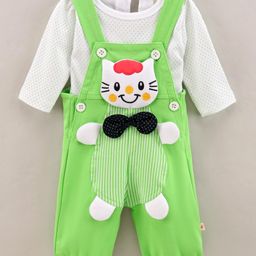 WOW Clothes Full Sleeves Cotton T-shirt with Dot Print and Dungaree with Kitty Patch and Bow Applique- Green-image-24