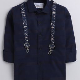Polka Tots Full Sleeves Solid Shirt With Printed Suspender - Blue-image-28