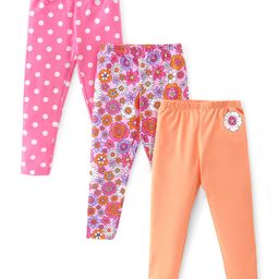 Babyhug Cotton Lycra Knit Full Length Leggings Floral Solid & Polka Dot Print Pack of 3- Multicolour-image-37