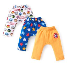 Babyhug Marvel 100% Cotton Interlock Knit Full Length Diaper Legging Avengers Print Pack Of 3 - Yellow White & Blue-image-97