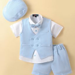 Robo Fry Half Sleeves Shirt & Shorts Set with Checked Waistcoat Bow & Hat - Blue-image-42