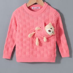 Kookie Kids Viscose Full Sleeves Pullover Sweater With Cable Knit Design & 3D Teddy Bear Applique - Hot Pink-picture-28