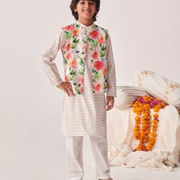 Pspeaches Full Sleeves Abstract Printed Ethnic Kurta & Solid Pyjama With Floral Detailed Jacket - White-image-70