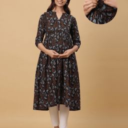 CRAFIQA Three Fourth Sleeves Paisley Printed Maternity Kurta With Concealed Zipper Nursing Access - Black & Blue-image-4