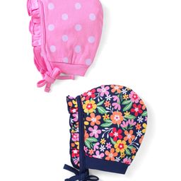 Babyhug 100% Cotton Knit Caps with Polka Dots & Floral Print Pack of 2 - Pink & Navy Blue-picture-4