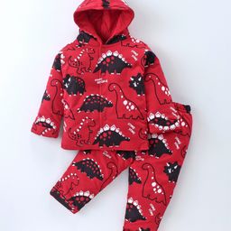 Simply Quilted Cotton Full Sleeves Hooded Winter Wear Co-Ord Padded Suit With Dinosaur Print - Red-image-1