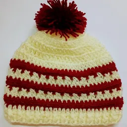 Knits & Knots Woollen Blend Striped Handmade Cap - Cream & Maroon-picture-41