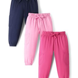 Babyhug Cotton Knit Full Length Solid Color Lounge Pants with Pocket Detailing Pack of 3 - Pink & Navy Blue-image-81
