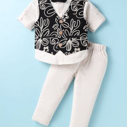 JASH KIDS Cotton Knit Full Sleeves Floral Design 3 Piece Party Suit with Bow - Black-image-98