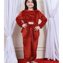 NEUDIS Fleece Knit Full Sleeves Solid Coordinating Night Suit Set - Maroon-picture-14