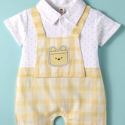 ToffyHouse Cotton Knit Half Sleeves Checks Romper With Floral Print - Lemon Yellow & White-picture-12