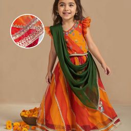 Babyhug Woven Frill Sleeves Floral Embroiderd Choli Lehenga Set with Dupatta & Lace Detailing - Orange & Green-image-65