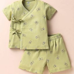 Zero Interlock Knit Half Sleeves Shorts Night Suit With Teddy Bear Print - Green-image-1