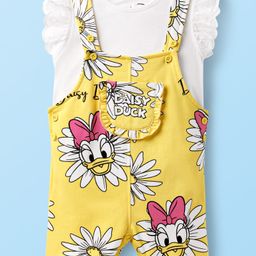 Babyhug Disney Single Jersey KnitFrill Sleeves T-ShirtAnd Dungaree Set And With Minnie Mouse Family Graphics - White & Yellow-image-75