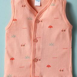 Tango Single Jersey Knit Front Open Sleeveless Jhabla With Beach Theme Print - Orange-image-72
