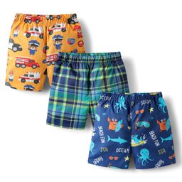 Babyhug Cotton Woven Above Knee Length Boxer with Check Animal & Cars Print Pack of 3 - Blue Yellow Green-image-69