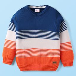 Babyhug Knitted Full Sleeves Pullover Sweater with Stripes & Colour Block Design - Blue White & Orange-image-9