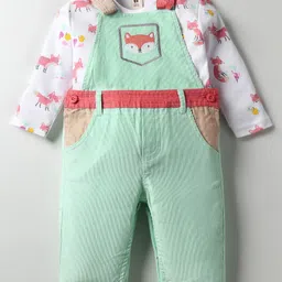 ToffyHouse Cotton Woven Corduroy Embroidered Dungaree with Full Sleeves Animal Fox Printed T-Shirt - White & Light Green-picture-8