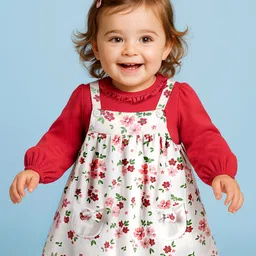 Babyoye Cotton Knit Full Sleeves T-Shirt & Frock with Floral Print - Red & White-picture-25
