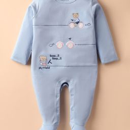 ToffyHouse Interlock Knit Full Sleeves Sleepsuit With Teddy Embriodery - Light Blue-11