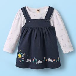 ToffyHouse 100% Cotton Knit Embroidered Frock with Full Sleeves Bunny & Floral Printed T-Shirt - Navy Blue & White-image-26