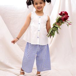 BownBee Pure Cotton Flax Woven Sleeveless Solid Top & Checked Palazzo Set - White-image-6