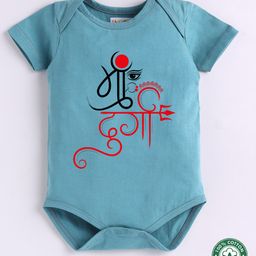 BLUSHES 100% Cotton Knit Durga Puja Theme Half Sleeves Maa Durga Text Printed Onesie - Olive Green-picture-24