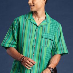 Taavi Relaxed Fit Vertical Stripes Cuban Collar Pure Cotton Nagari Weaves Casual Shirt-image-7