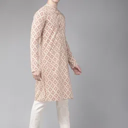 See Designs Men Beige & Maroon Geometric Block Print Cotton Sustainable Handloom Kurta-71