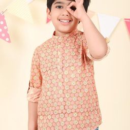 Fabindia Boys Floral Printed Roll-Up Sleeves Thread Work Cotton Kurta-image-58