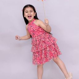 LIL DRAMA Girls Floral Printed Halter Neck Layered Fit and Flare Knee Length Dress-picture-16