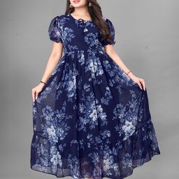 QENA Floral Print Puff Sleeve Georgette Maxi Dress-image-85