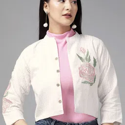 The Roadster Lifestyle Co Floral Embroidered Cotton Crop Tailored Jacket-picture-23