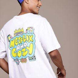 WROGN X NETFLIX Typography Printed Drop-Shoulder Sleeves Pure Cotton Oversized T-shirt-picture-16