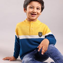 Babyhug Cotton Knit Full Sleeves Color Block Henley Sweater - Yellow and Blue-12