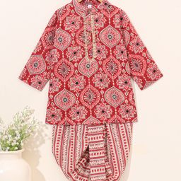 Babyhug Full Sleeves All Over Printed Kurta & Dhoti Set - Red-12