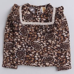 Aww Hunnie 100% Cotton Full Sleeves Leaf And Flowers Printed Frilled Shoulder With Lace Work Top - Brown-picture-31