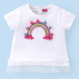 Babyhug 100% Cotton Knit Half Sleeves T-Shirt with Mesh & Rainbow Embroidery - White-13