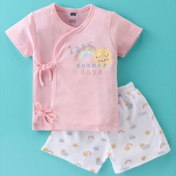 Simply Interlock Half Sleeves Night Suit With Text Print - Pink & White-97